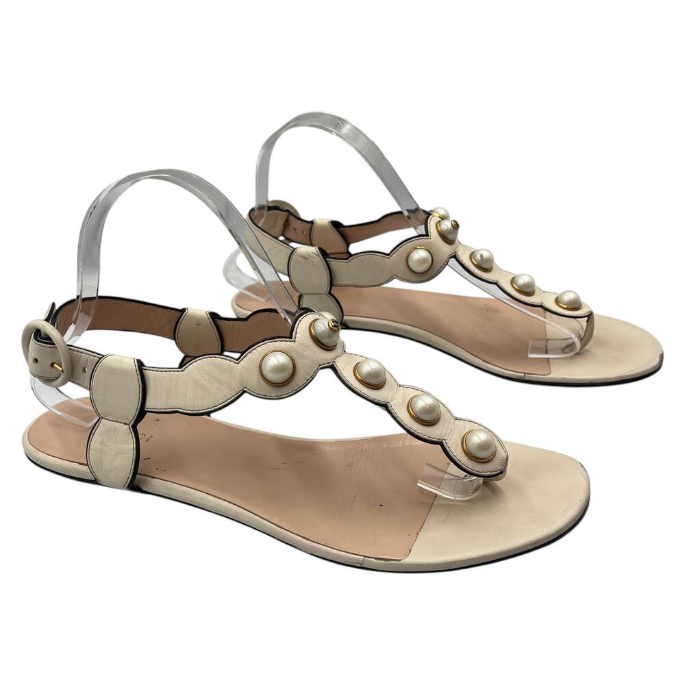 Gucci Ivory Pearl-Accent Leather T-Strap Sandals